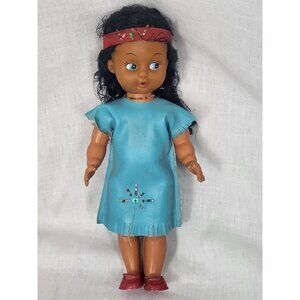 Vtg Native American 11.5" Doll Headband Beaded Dress Blue Eyes Poseable Indian